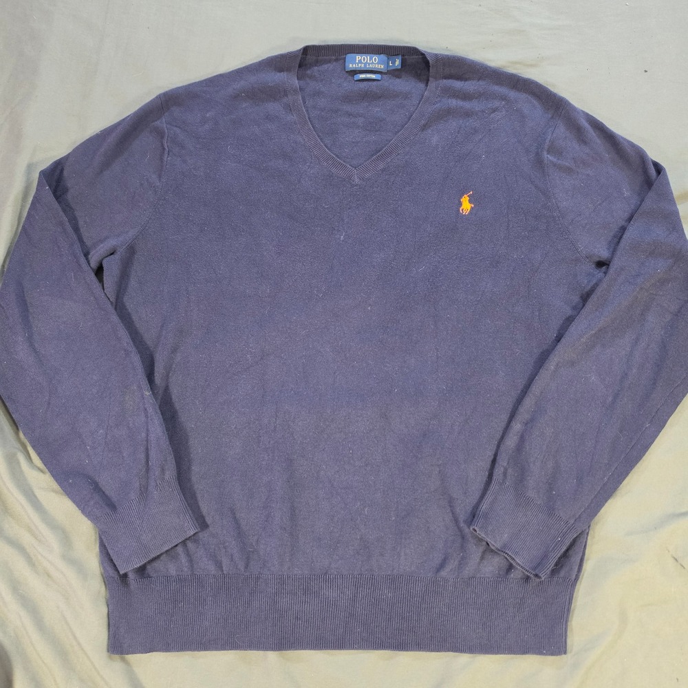 Polo Ralph Lauren Mens Navy Blue Pima Cotton V-Neck Sweater Large Orange Pony